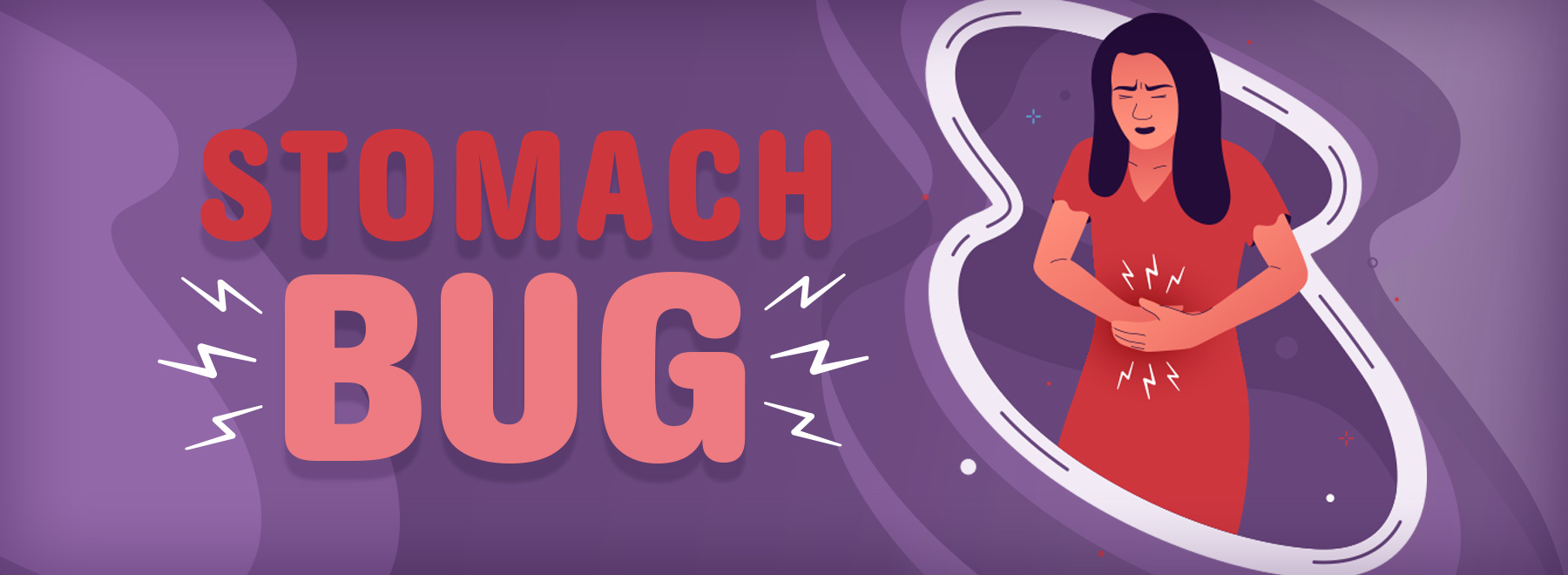 A woman appears unwell, clutching her stomach, set against a vibrant purple background.